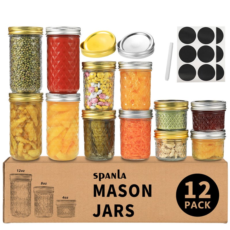 SPANLA 12 Pack Glass Mason Canning Jars With Regular Lids, Ideal for Jam, Jelly, Honey, Wedding Favors, Shower Favors, Baby Foods DIY Spice Jars - 4 OZ x 4, 8 OZ x 4, 12 OZ x 4 - Image 1
